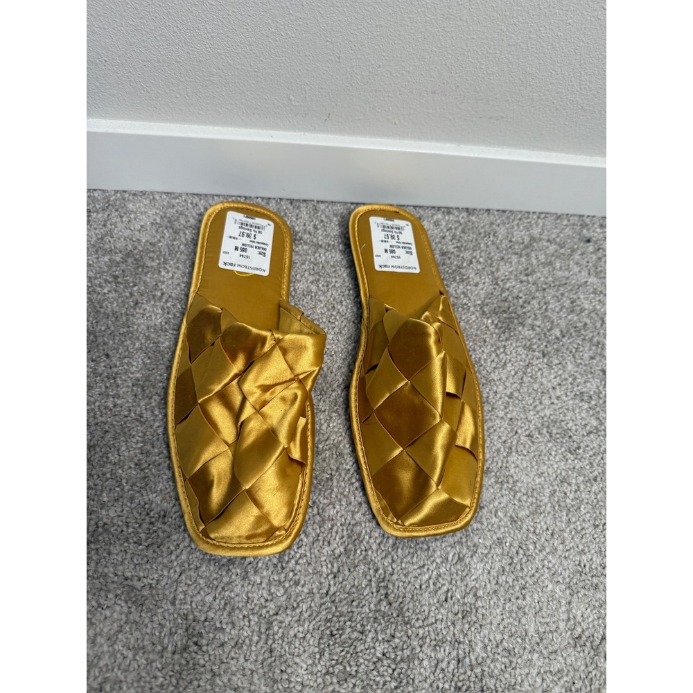 Sam Edelman Women's 8.5 Golden Yellow Woven Satin Square Toe Slip On Slide Mules